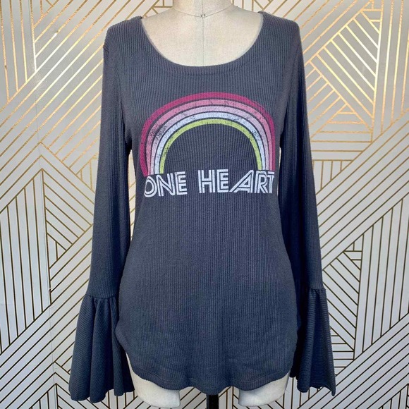 Chaser Tops - NWT Chaser One Heart Rainbow Love Rib Peplum Sleeve Shirttail Tee Gray Size‎ XS
